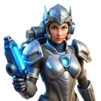 magnificent contemporary magnificent rustic A powerful, female cyborg warrior in ornate power armor, holding a plasma rifle.... png