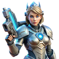 dramatic traditional dramatic modern A powerful, female cyborg warrior in ornate power armor, holding a plasma rifle. Her face is partially obscured by a helmet, revealing glowing blue eyes.... png