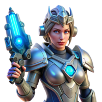 vibrant modern extraordinary rustic A powerful, female cyborg warrior in ornate power armor, holding a plasma rifle. Her face is partially obscured by a helmet, revealing glowing blue eyes.... png