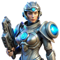 wonderful artistic dramatic vintage A powerful, female cyborg warrior in ornate power armor, holding a plasma rifle. Her face is partially obscured by a helmet, revealing glowing blue eyes.... png