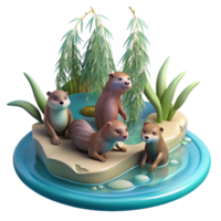 wonderful vintage extraordinary rustic A playful group of otters frolicking in a crystal-clear stream, dappled with sunlight filtering through the overhanging willow branches, art nouveau style... png