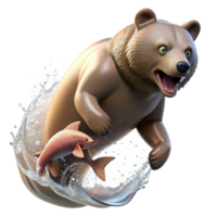 wonderful classic elegant vintage A grizzly bear catching a salmon leaping upstream, surrounded by splashing water and illuminated by crisp, morning sunlight, in a dynamic action photography style... png