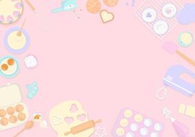 Pastel baking utensils and bakery on pink background vector