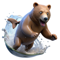 magnificent artistic beautiful modern A grizzly bear catching a salmon leaping upstream, surrounded by splashing water and illuminated by crisp, morning sunlight, in a dynamic action photography... png
