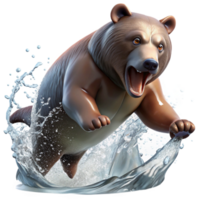 vibrant rustic beautiful classic A grizzly bear catching a salmon leaping upstream, surrounded by splashing water and illuminated by crisp, morning sunlight, in a dynamic action photography style... png