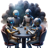 elegant abstract A group of robots playing poker in a smoky, dimly lit backroom, cyberpunk, gritty realism, chiaroscuro lighting detailed png