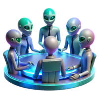 magnificent contemporary A group of alien diplomats gathered around a holographic table, discussing galactic politics, cool lighting, photorealistic style high quality png
