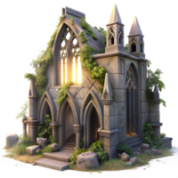 wonderful minimalist A crumbling gothic cathedral overgrown with vines, sunset lighting, volumetric fog, hyperrealistic, detailed stonework, stained glass fragments on the ground exclusive png