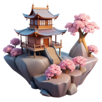 vibrant rustic A Japanese teahouse perched on a cliff edge, cherry blossoms in bloom, soft morning light, serene, minimalist, traditional Japanese architecture professional png