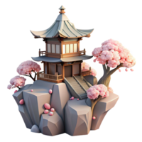 beautiful rustic A Japanese teahouse perched on a cliff edge, cherry blossoms in bloom, soft morning light, serene, minimalist, traditional Japanese architecture 4K png