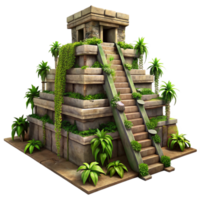 stunning creative A Mayan pyramid temple overgrown with jungle foliage, dappled sunlight, ancient, weathered stone, intricate carvings, vines hanging from the structure original png