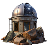 magnificent minimalist An abandoned observatory on a mountaintop, starry night sky, ethereal, mysterious, rusted metal, broken glass dome exclusive png