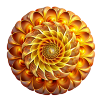 sereno contemporâneo uma caleidoscópio do fractal padrões, irradiando para fora dentro uma hipnótico espiral, iluminado de uma esquentar, dourado brilho, dentro uma psicodélico estilo original png