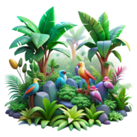 vibrant artistic A lush, vibrant jungle teeming with colorful exotic birds and bioluminescent flora, viewed through a hazy morning mist, in the style of a classical botanical illustration high quality png