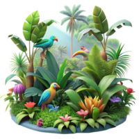 vibrant contemporary A lush, vibrant jungle teeming with colorful exotic birds and bioluminescent flora, viewed through a hazy morning mist, in the style of a classical botanical illustration genuine png