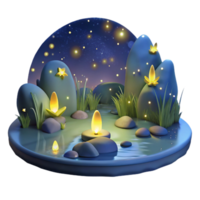 dramatic modern A group of fireflies dancing in the night sky above a tranquil lake, reflecting the starry sky, in a magical, dreamlike style high quality png