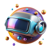 dramático artístico uma retro futurista, cromada e couro vr fone de ouvido flutuando dentro espaço, cercado de binário código rendido Como brilhando constelações, vibrante e colorida autêntico png