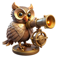 serene rustic A steampunk inspired mechanical owl perched on a brass telescope, gears and cogs intricately detailed, illuminated by warm, flickering candlelight original png