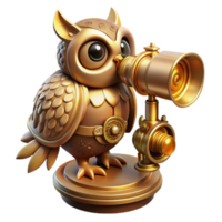 stunning classic A steampunk inspired mechanical owl perched on a brass telescope, gears and cogs intricately detailed, illuminated by warm, flickering candlelight 4K png