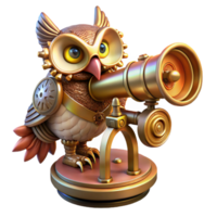 vibrant artistic A steampunk inspired mechanical owl perched on a brass telescope, gears and cogs intricately detailed, illuminated by warm, flickering candlelight high resolution png