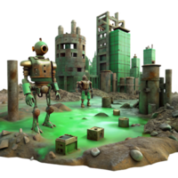 serene rustic A desolate, post apocalyptic landscape with rusted robots scattered amongst crumbling buildings, rendered in a gritty, realistic style, dimly lit by a toxic green sky high quality png
