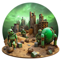 wonderful contemporary A desolate, post apocalyptic landscape with rusted robots scattered amongst crumbling buildings, rendered in a gritty, realistic style, dimly lit by a toxic green sky genuine png