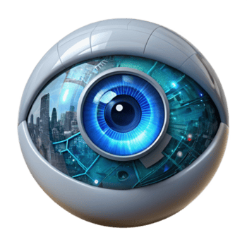 vibrante tradicional uma altamente detalhado, fotorrealista cyborg olho com intrincado circuitos visível abaixo a íris, refletindo uma paisagem urbana, aceso de uma legal azul luz exclusivo png