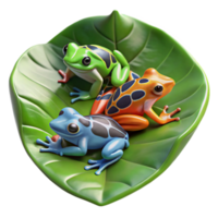 stunning classic A group of colorful poison dart frogs clustered on a large, waxy leaf, vibrant rainforest setting, macro photography with shallow depth of field genuine png