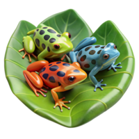 serene rustic A group of colorful poison dart frogs clustered on a large, waxy leaf, vibrant rainforest setting, macro photography with shallow depth of field professional png