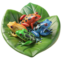 magnificent artistic A group of colorful poison dart frogs clustered on a large, waxy leaf, vibrant rainforest setting, macro photography with shallow depth of field high resolution png