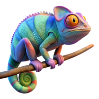 dramatic creative A chameleon perched on a brightly colored branch, showcasing its vibrant camouflage, macro photography with a bokeh effect high quality png