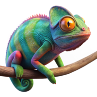 beautiful abstract A chameleon perched on a brightly colored branch, showcasing its vibrant camouflage, macro photography with a bokeh effect premium png