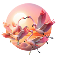 dramatic minimalist A flock of flamingos taking flight from a shallow lagoon, pastel sunrise lighting, impressionistic style premium png