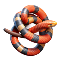 stunning rustic A vibrant coral snake coiled around a branch, rainforest setting with dappled light, hyperrealistic render premium png