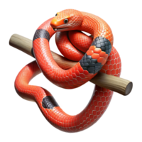 magnificent rustic A vibrant coral snake coiled around a branch, rainforest setting with dappled light, hyperrealistic render exclusive png