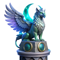 magnificent modern A majestic griffin perched atop a crumbling obsidian tower, bathed in the ethereal glow of a triple moon, feathers shimmering with iridescent blues and greens, intricate Celtic... png