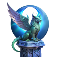elegant artistic A majestic griffin perched atop a crumbling obsidian tower, bathed in the ethereal glow of a triple moon, feathers shimmering with iridescent blues and greens, intricate Celtic... png