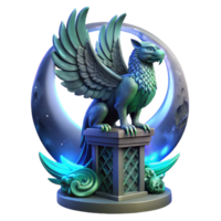 stunning contemporary A majestic griffin perched atop a crumbling obsidian tower, bathed in the ethereal glow of a triple moon, feathers shimmering with iridescent blues and greens, intricate... png