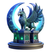 stunning creative A majestic griffin perched atop a crumbling obsidian tower, bathed in the ethereal glow of a triple moon, feathers shimmering with iridescent blues and greens, intricate Celtic... png