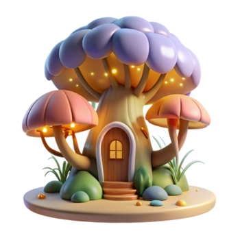 magnífico creativo un caprichoso, seta conformado casa anidado dentro el raíces de un gigante, brillante sauce árbol, poblado por diminuto, con alas hadas con reluciente alas. suave, difuso iluminación.... png