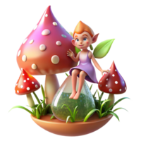 wonderful classic A mischievous pixie perched on a giant, glistening dewdrop, surrounded by a field of vibrant mushrooms, sunlight filtering through the forest canopy. Soft, natural lighting.... png