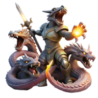 impressive creative A knight in shining armor battling a grotesque, multi headed hydra in a dark, echoing cavern, the knight's sword glowing with holy light. Dramatic, contrasting lighting.... png