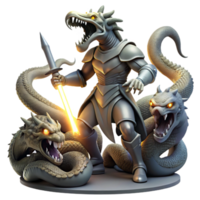 vibrant contemporary A knight in shining armor battling a grotesque, multi headed hydra in a dark, echoing cavern, the knight's sword glowing with holy light. Dramatic, contrasting lighting.... png
