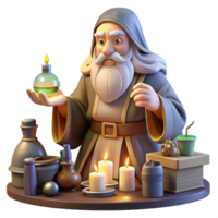 vibrant traditional A wise old wizard with a long white beard, studying a glowing orb in his cluttered workshop, surrounded by potions, scrolls, and magical artifacts. Warm, inviting lighting.... png