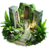 stunning classic A group of adventurers exploring a hidden temple overgrown with lush vegetation, ancient runes carved into the walls, illuminated by shafts of sunlight.... png