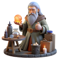 stunning modern A wise old wizard with a long white beard, studying a glowing orb in his cluttered workshop, surrounded by potions, scrolls, and magical artifacts. Warm, inviting lighting.... png