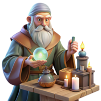 magnificent traditional A wise old wizard with a long white beard, studying a glowing orb in his cluttered workshop, surrounded by potions, scrolls, and magical artifacts. Warm, inviting lighting.... png