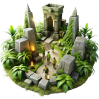 beautiful contemporary A group of adventurers exploring a hidden temple overgrown with lush vegetation, ancient runes carved into the walls, illuminated by shafts of sunlight.... png