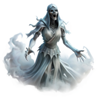 serene abstract A spectral banshee wailing in the moonlight, her ethereal form draped in tattered rags, surrounded by a swirling mist. Spooky, atmospheric lighting. Gothic horror style detailed png