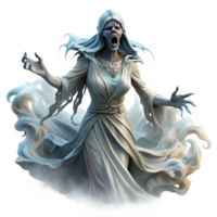 vibrant modern A spectral banshee wailing in the moonlight, her ethereal form draped in tattered rags, surrounded by a swirling mist. Spooky, atmospheric lighting. Gothic horror style high resolution png